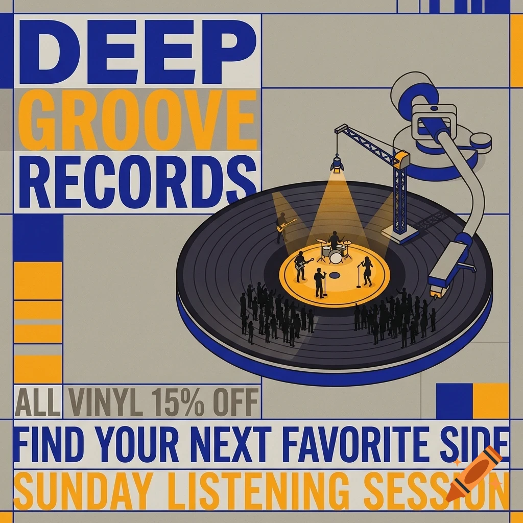 An illustrative poster for Deep Groove Records featuring a vinyl record with a miniature concert on it and a turntable arm, with blue, yellow, and grey geometric blocks and text.