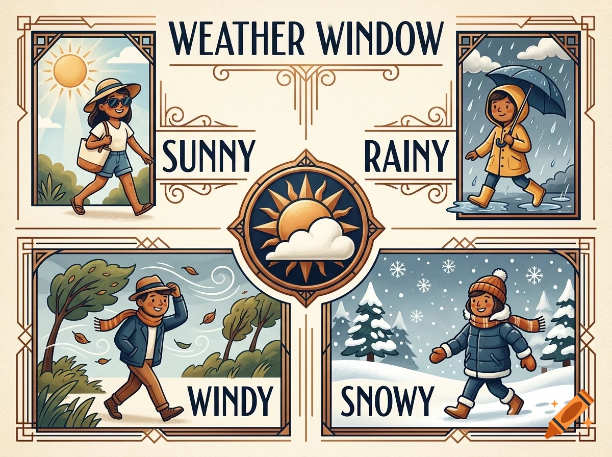 An educational illustration titled 'Weather Window' showing four panels representing sunny, rainy, windy, and snowy weather with people dressed accordingly.