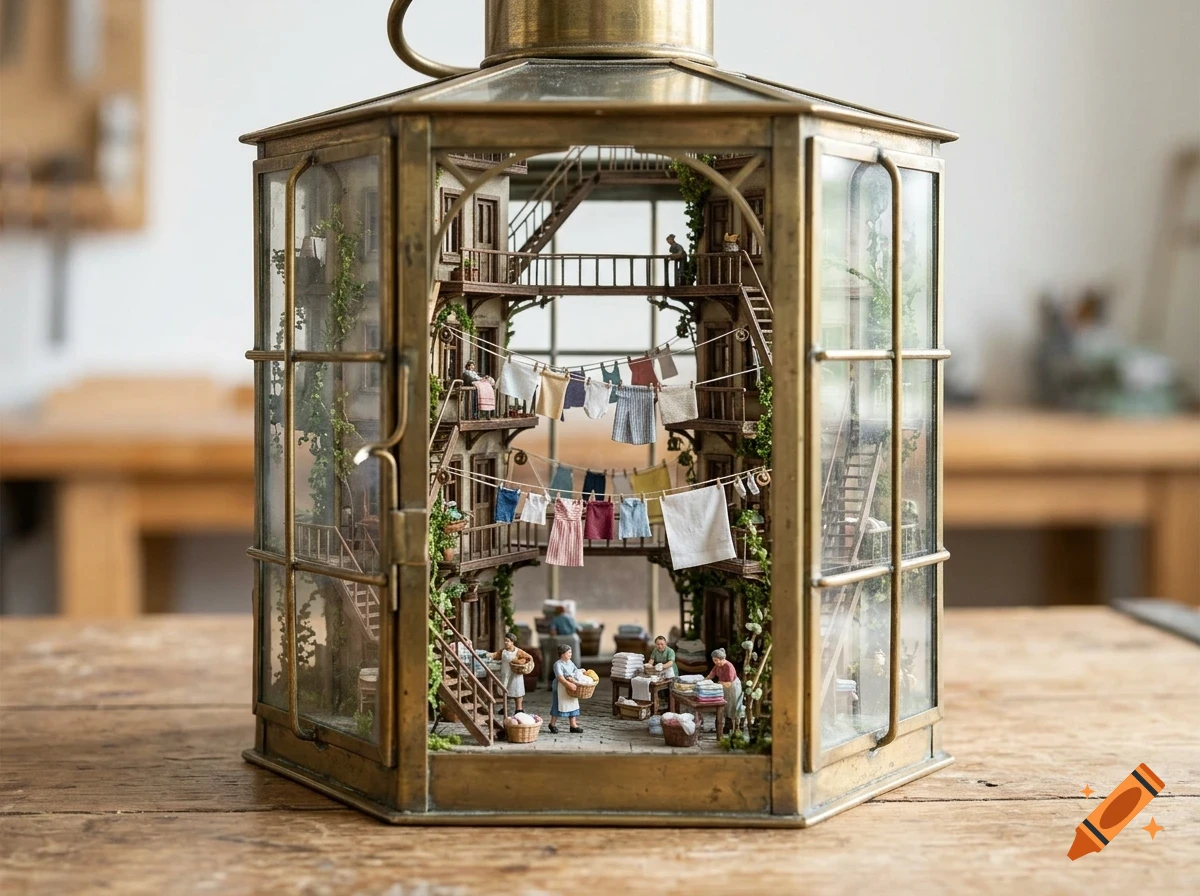 A detailed miniature diorama of a multi-story tenement courtyard with laundry hanging on lines inside a brass glass lantern.