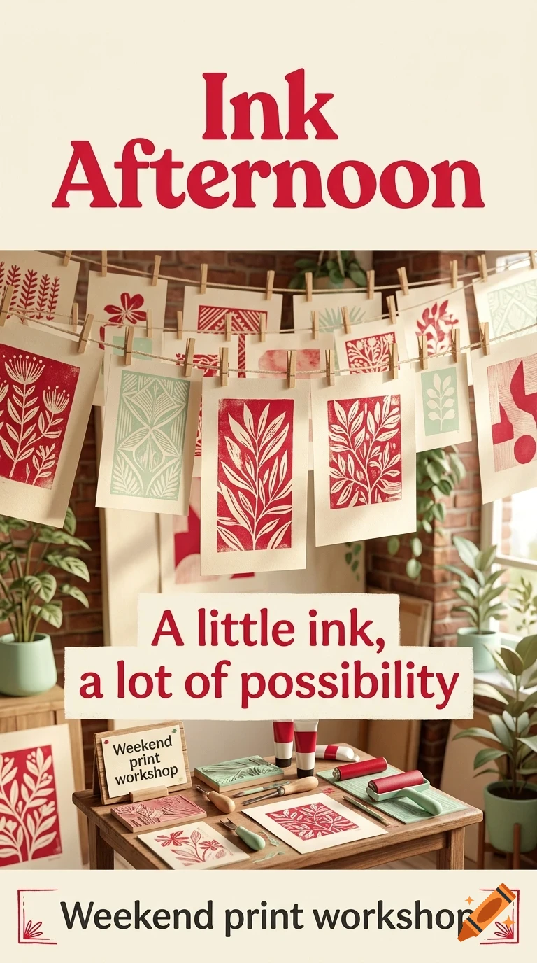 Printmaking workshop scene with linocut prints hanging on a clothesline and carving tools on a wooden table, featuring the text Ink Afternoon.
