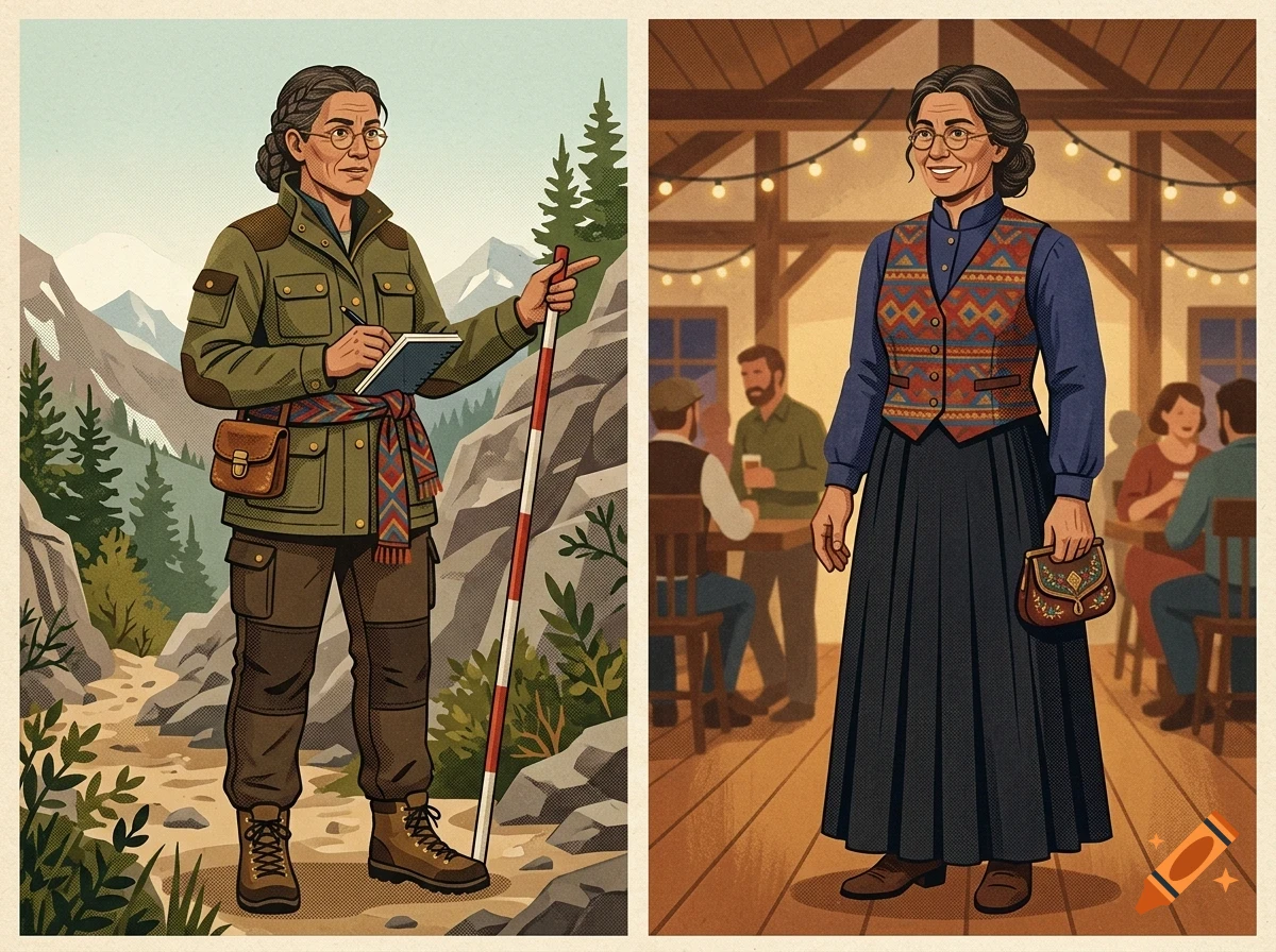 Two-panel illustration featuring an older woman with glasses outdoors hiking in mountain gear, and indoors in a rustic tavern.