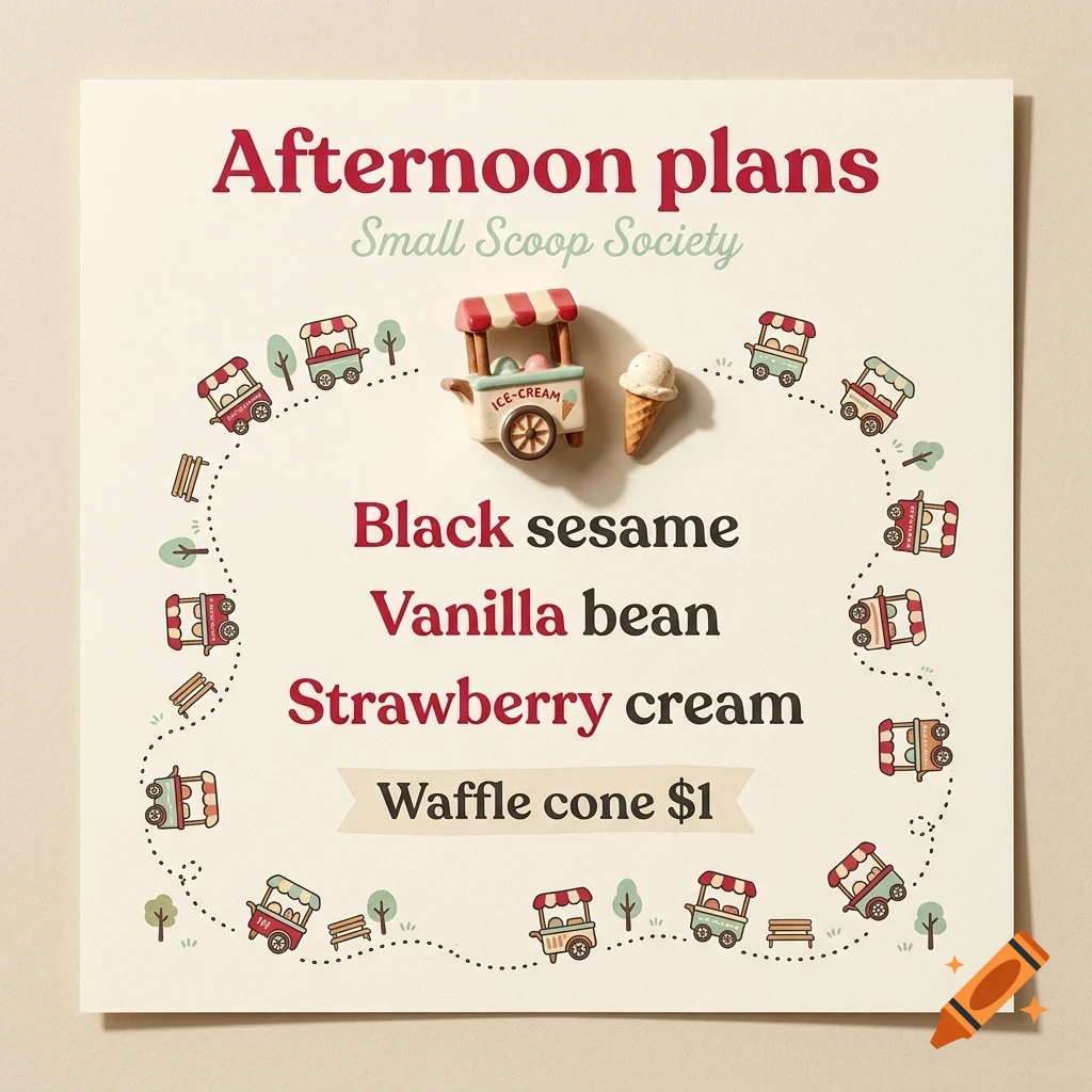 An illustration featuring text reading 'Afternoon plans' and 'Small Scoop Society' with an ice cream cart and cone graphic, surrounded by a dotted trail of miniature cart icons.