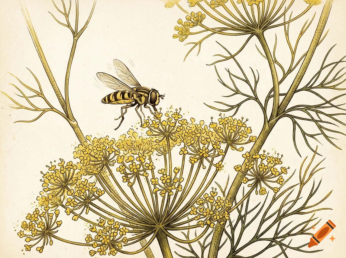 An illustrated scientific drawing of a hoverfly feeding on yellow wildflower clusters against a light background.