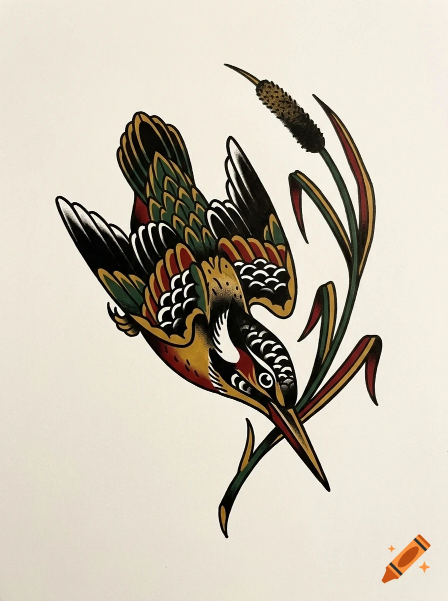 An illustrated traditional tattoo style design of a colorful woodpecker diving down next to a cattail plant.