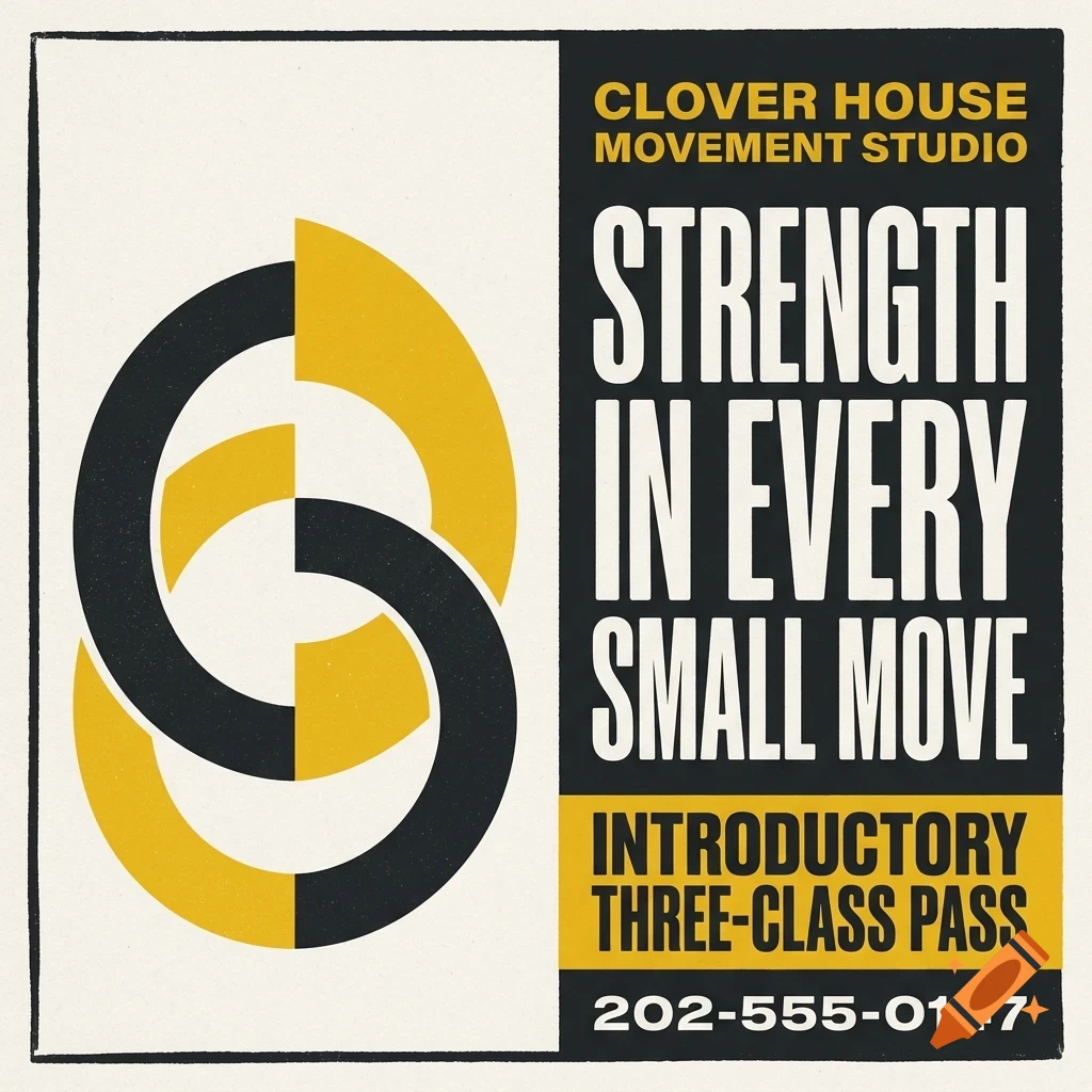 A poster design with bold typography and abstract geometric shapes, including the text Clover House Movement Studio and Strength in Every Small Move.
