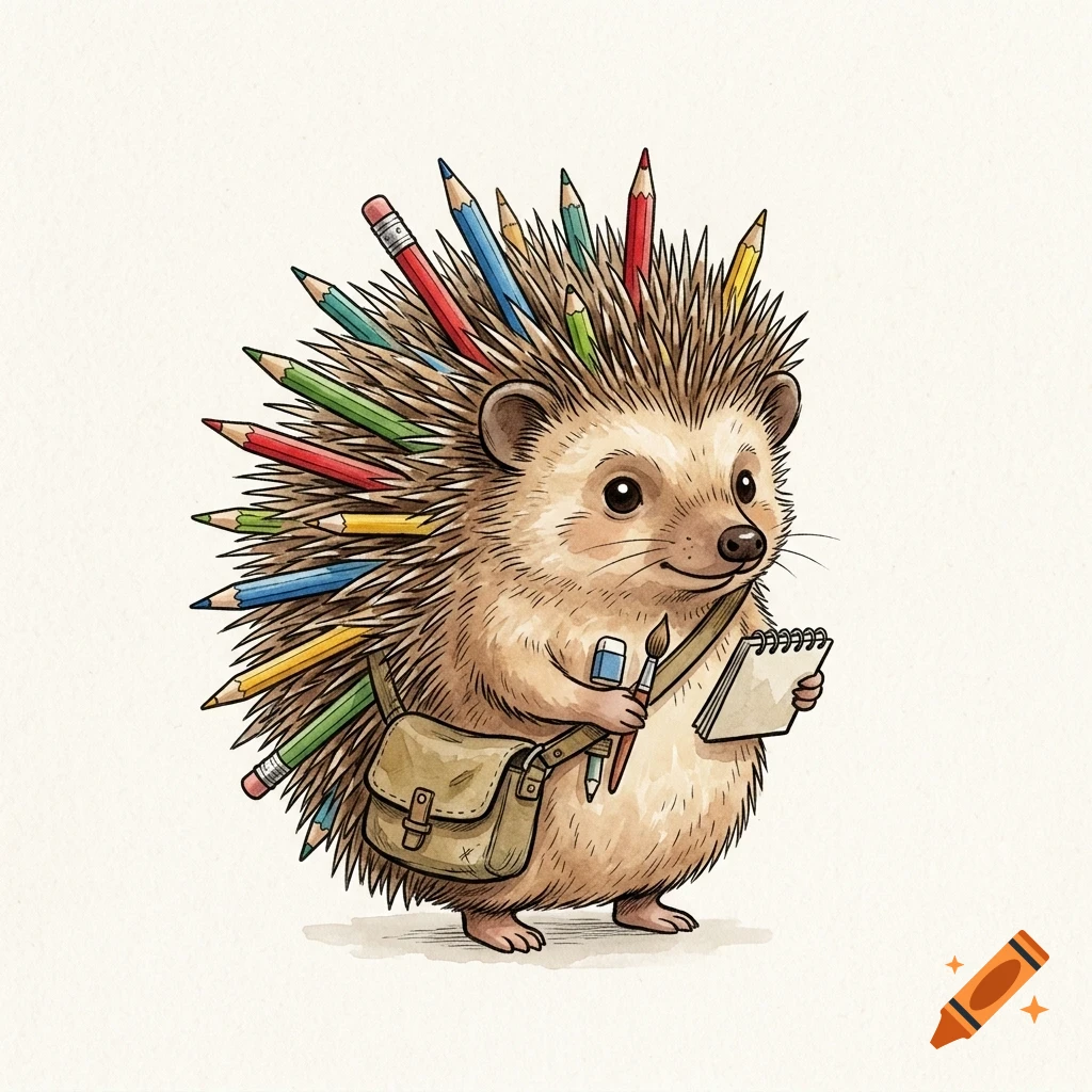 An anthropomorphic hedgehog with colored pencils in place of quills, carrying a satchel, paintbrush, and notepad.