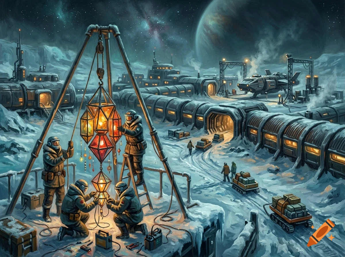 Astronauts in space suits setting up large glowing lanterns outside a lunar base with futuristic buildings, transport vehicles, and a planet in the starry sky.