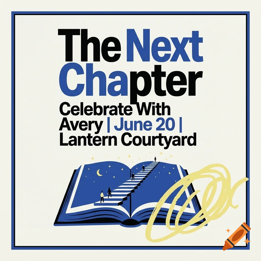 An invitation design with the text The Next Chapter and Celebrate With Avery, featuring an illustration of an open book with stairs climbing into a starry night sky.