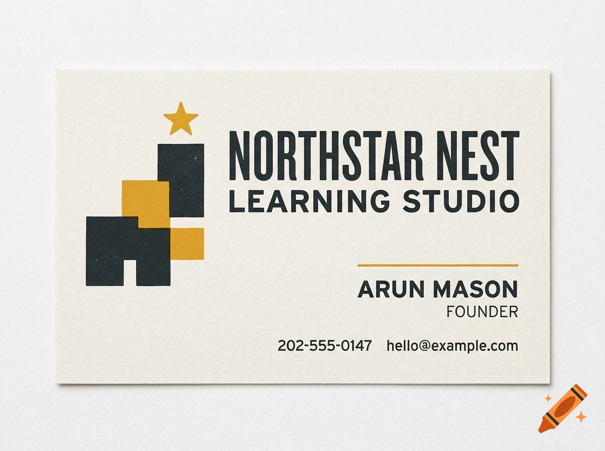 A business card with the text 'NORTHSTAR NEST LEARNING STUDIO', a logo with dark blocks and a yellow star, and contact details for Arun Mason.