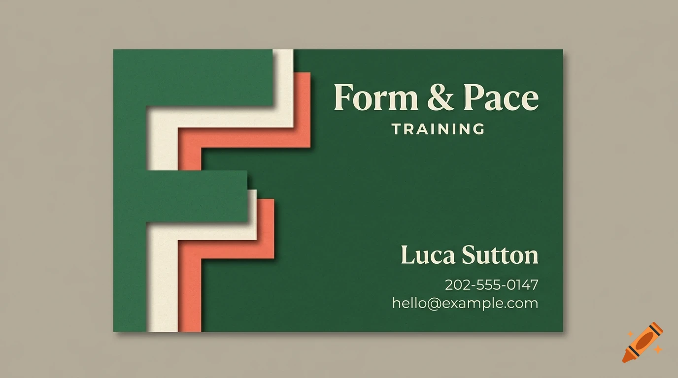 A business card mockup on a neutral background, featuring a layered papercut letter F on the left and the text Form & Pace Training, Luca Sutton, phone number, and email on the right.
