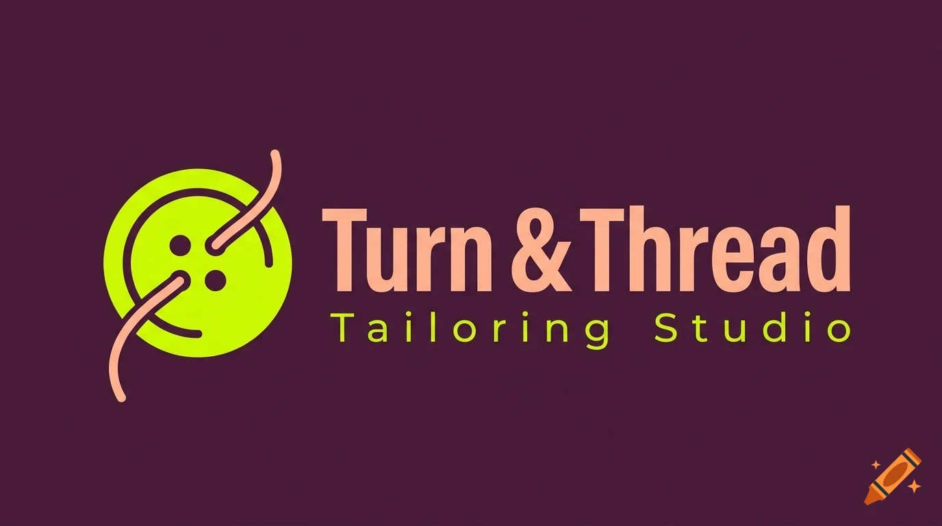 A logo for Turn & Thread Tailoring Studio featuring a green button with thread passing through it next to pink and yellow text on a dark purple background.