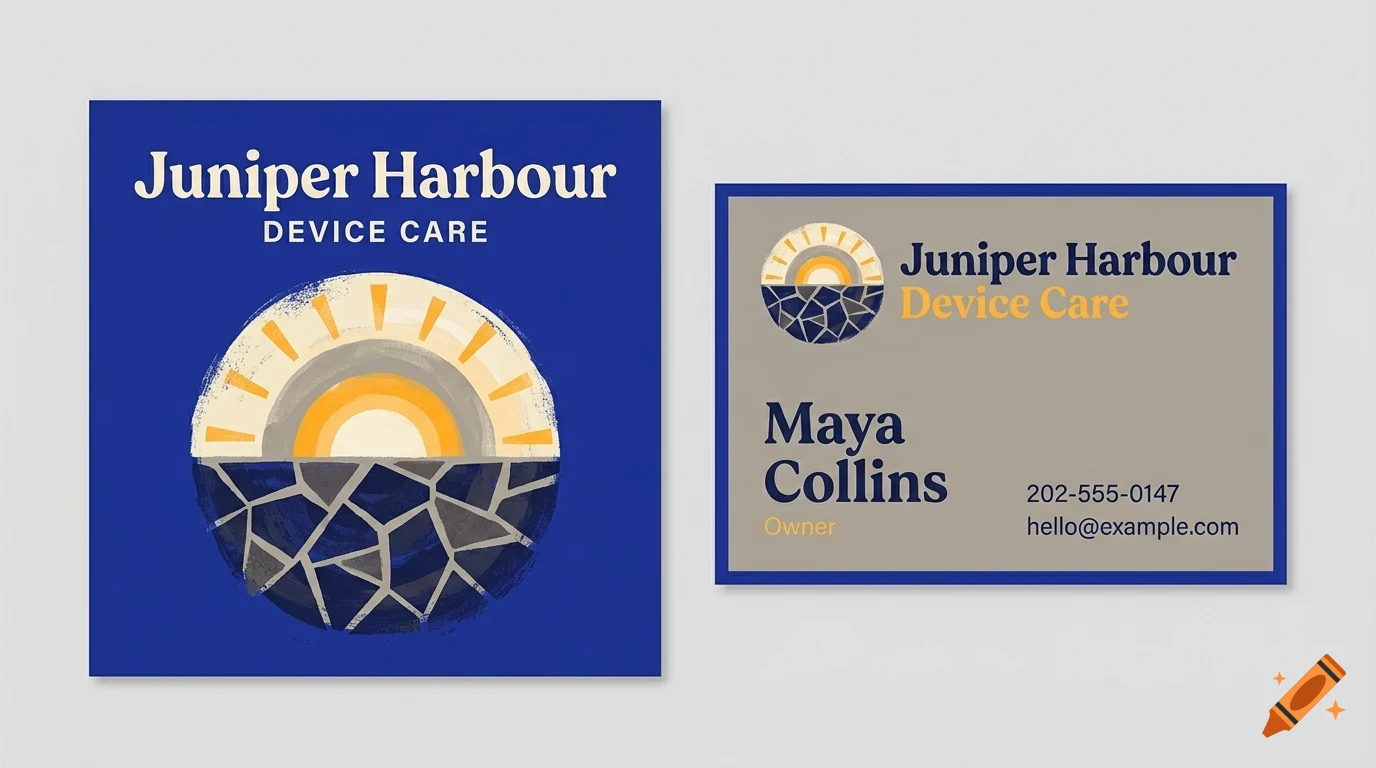 A business card and matching square graphic with a stylized sun and cracked earth logo featuring the text Juniper Harbour Device Care.