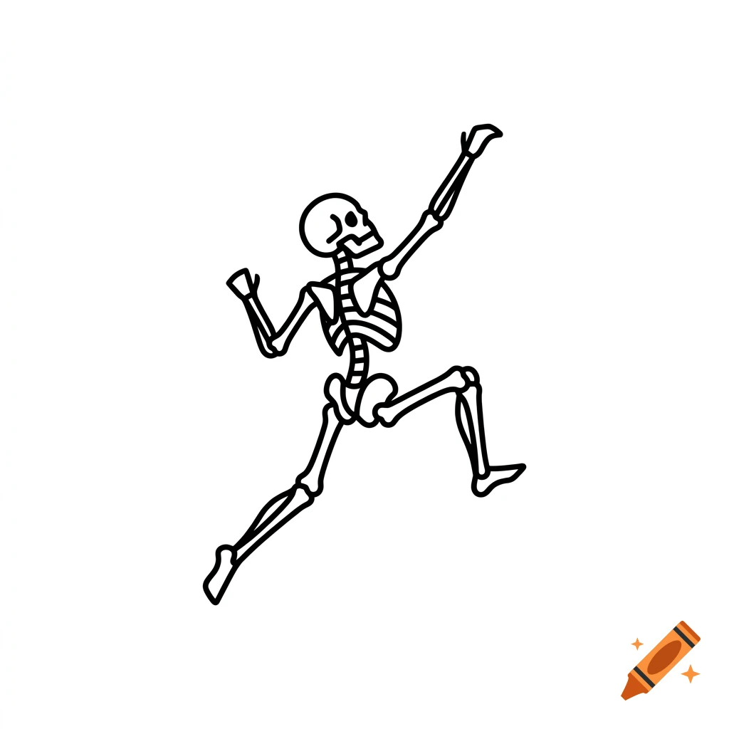 Minimalist black and white line art of a human skeleton in a dynamic climbing pose.