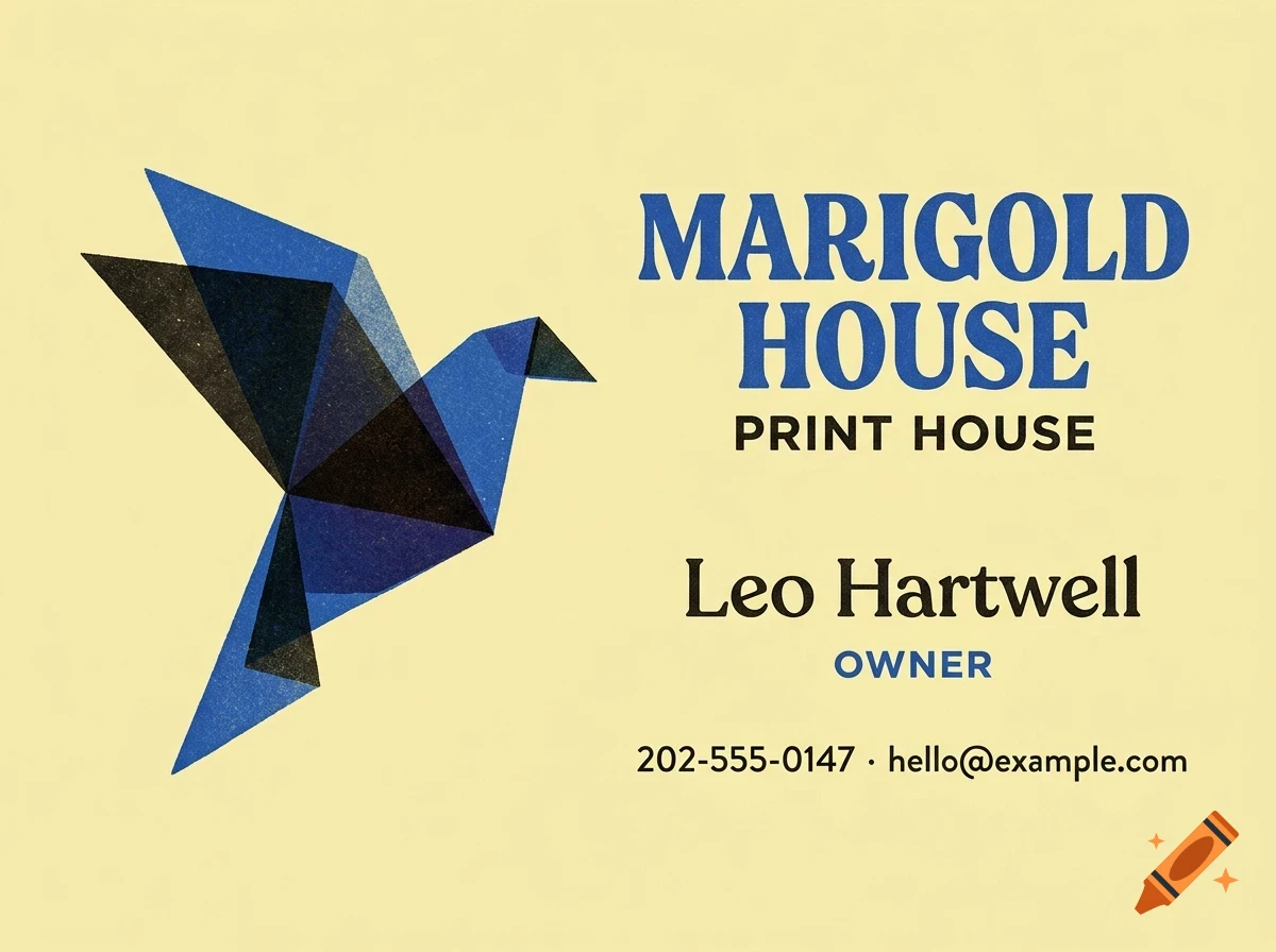 A business card with a geometric blue bird logo and text including Marigold House Print House and Leo Hartwell Owner.