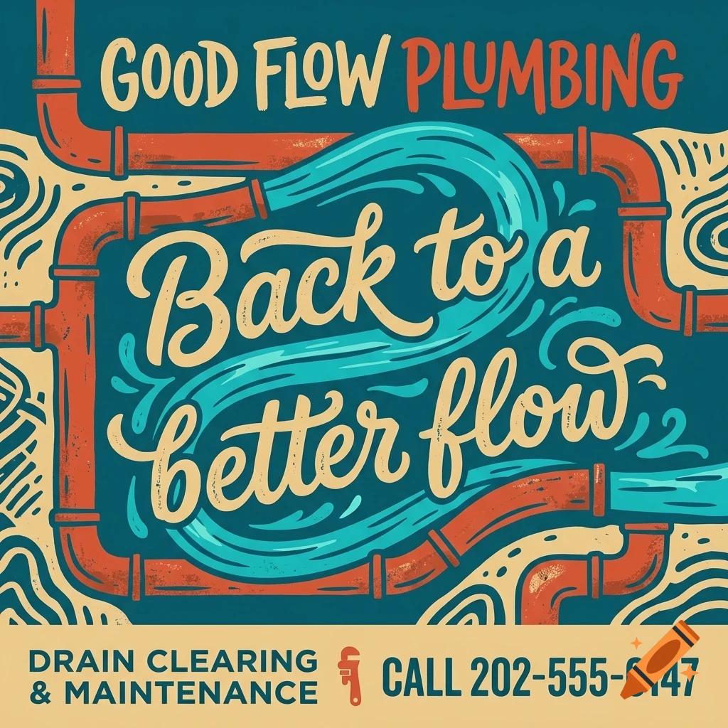 An illustrated plumbing advertisement featuring orange pipes, flowing blue water, and hand-lettered text that reads Good Flow Plumbing, Back to a better flow, and Drain clearing and maintenance.