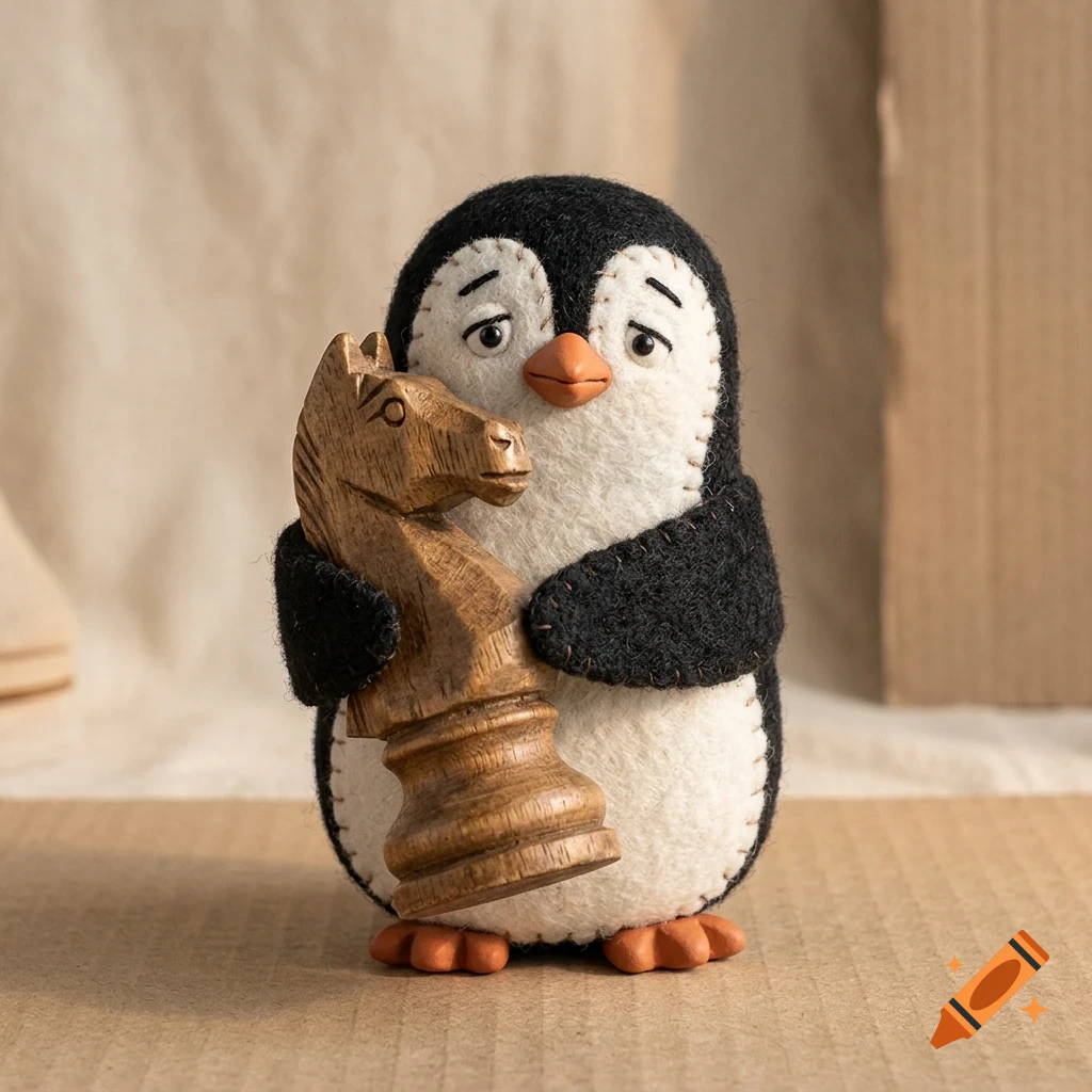 A handmade felt penguin doll holding a small wooden chess knight figurine.