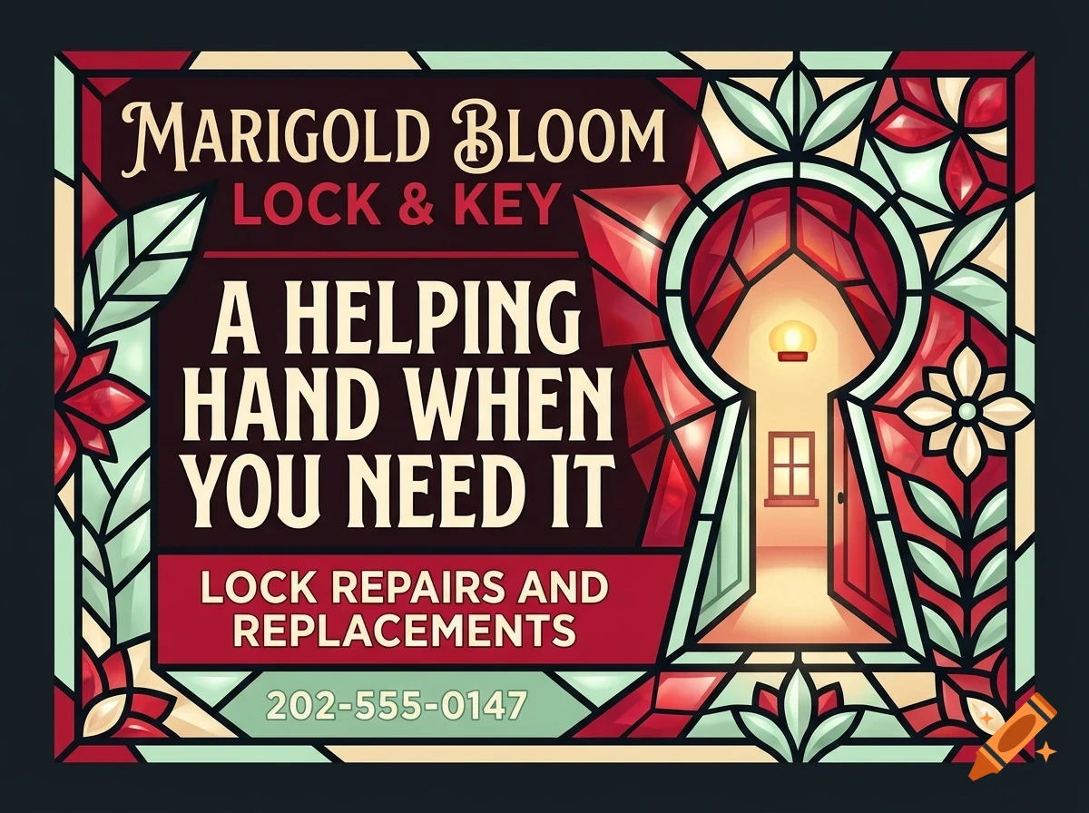 A colorful stained glass style sign featuring text for Marigold Bloom Lock & Key, alongside a keyhole shape showing a doorway inside.
