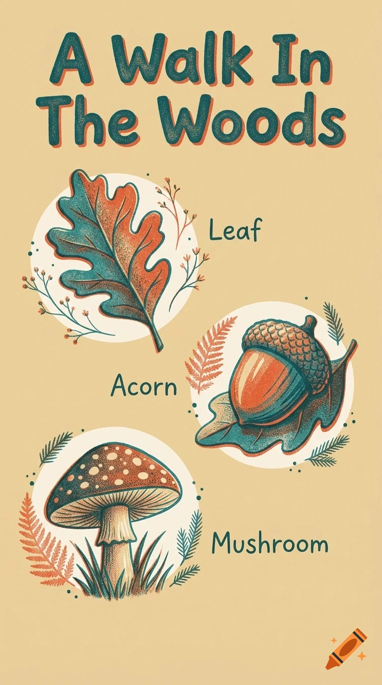 An illustrative poster titled A Walk In The Woods, featuring labeled drawings of a leaf, an acorn, and a mushroom.