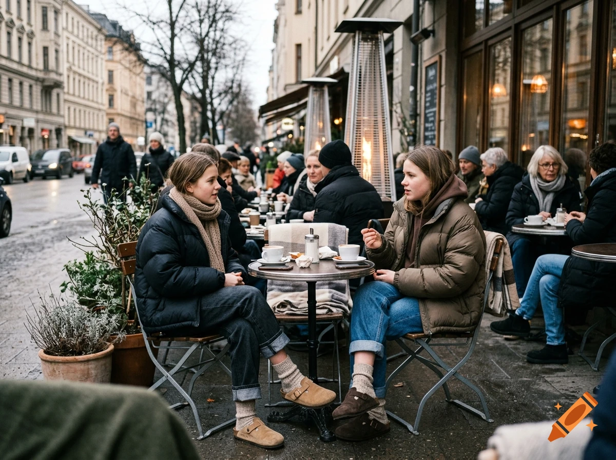 Photorealistic image of two young girls sitting at an outdoor cafe terrace in winter, wearing puffer jackets and Birkenstock clogs.
