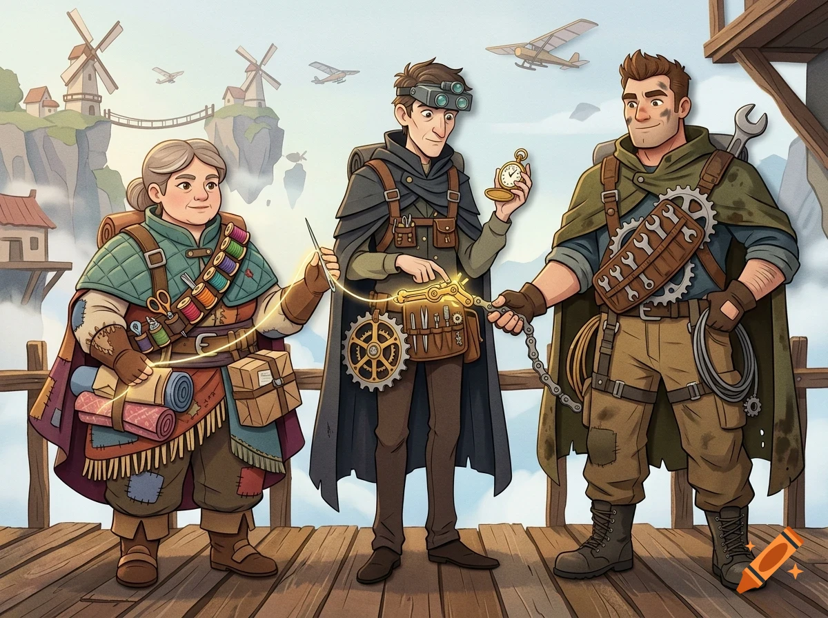 Three fictional characters in a steampunk-style setting work together, holding glowing threads, tools, and mechanical parts on a wooden platform.