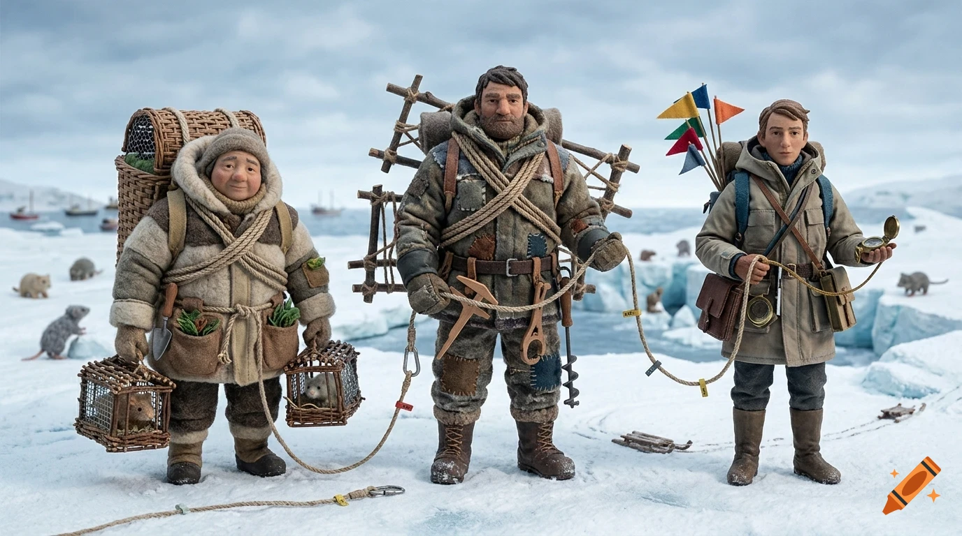 Three stop-motion animated arctic explorers with heavy winter gear and gear packs stand on a snowy landscape.
