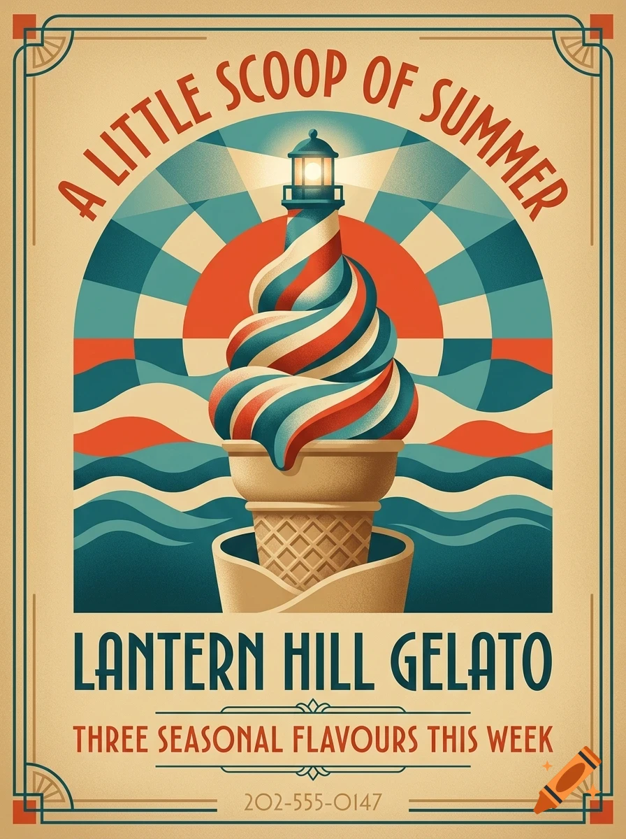 An illustrated retro poster featuring an ice cream cone styled like a lighthouse with a lit top, set against a sun and wave background, with text reading Lantern Hill Gelato.