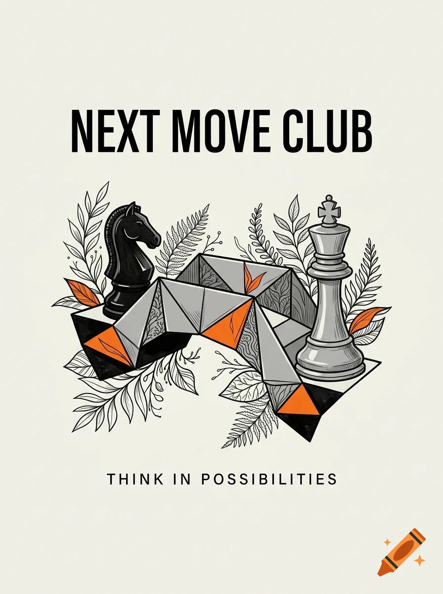 An illustration featuring a chess knight, a chess king, abstract geometric pathways, leaves, and the text NEXT MOVE CLUB and THINK IN POSSIBILITIES.
