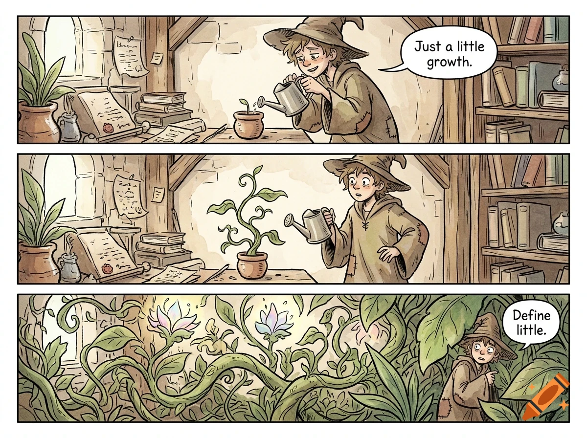 A three-panel comic strip showing a young wizard watering a small potted sprout, which rapidly grows into a massive plant overtaking the room.