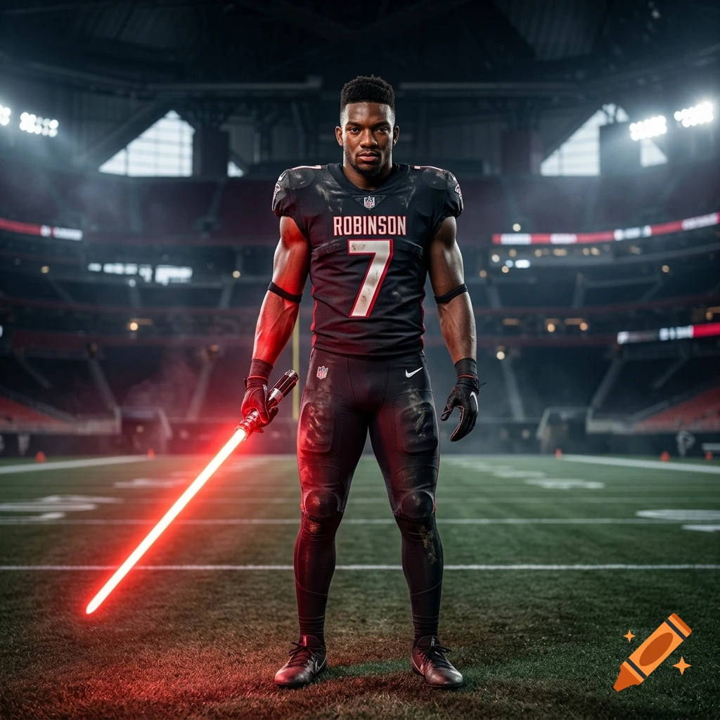 Photorealistic image of a football player in a black uniform standing on a field holding a glowing red lightsaber in a stadium.