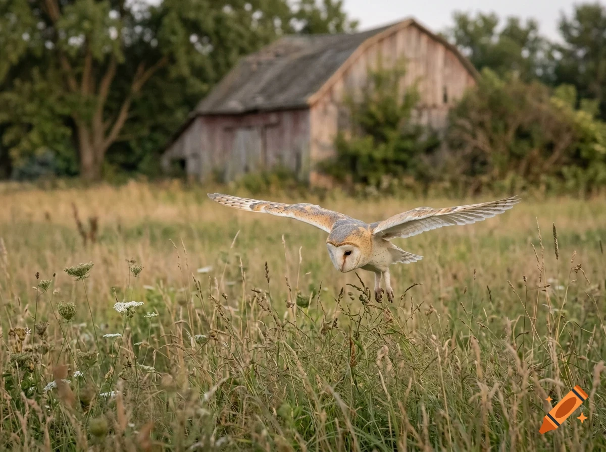 A barn owl in flight over a grassy field with a rustic wooden barn in the background.