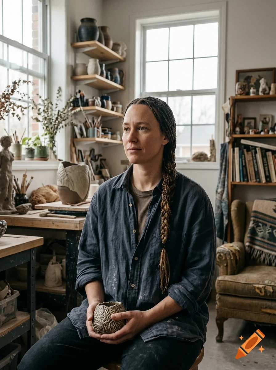 A person with braided hair sits in a pottery studio holding a small ceramic piece.