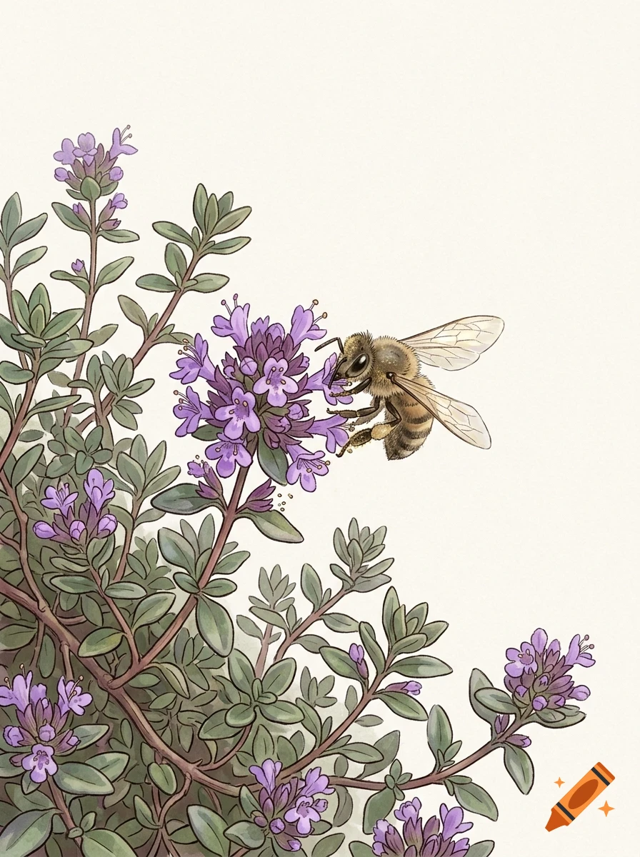 A detailed illustration of a bee hovering near purple flowers on a green plant stem.