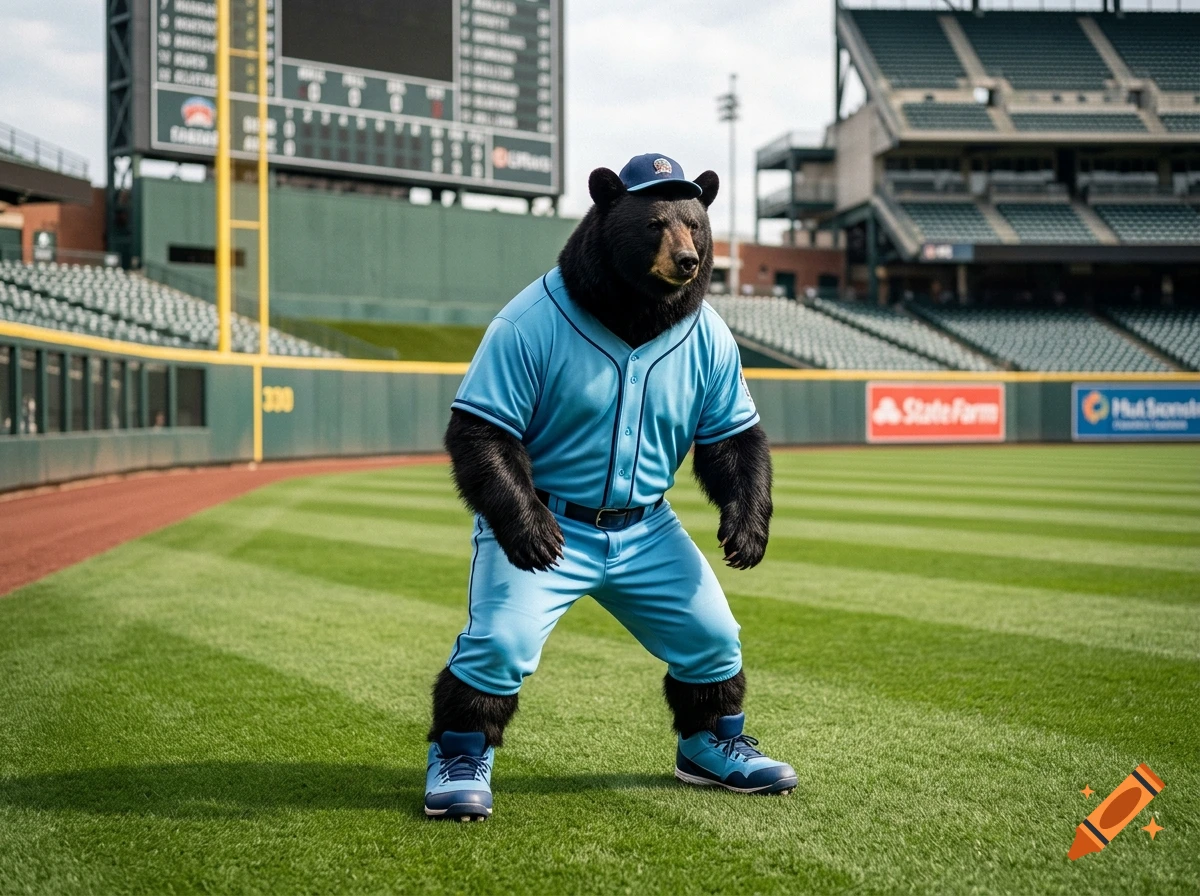 Photorealistic image of a large black bear in a light blue baseball uniform standing in the centerfield of a stadium.