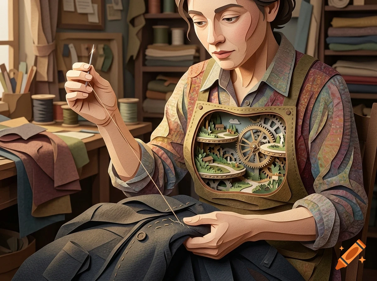 An illustrated woman in a workshop sewing clothing, with a mechanical gear scene inside her apron.