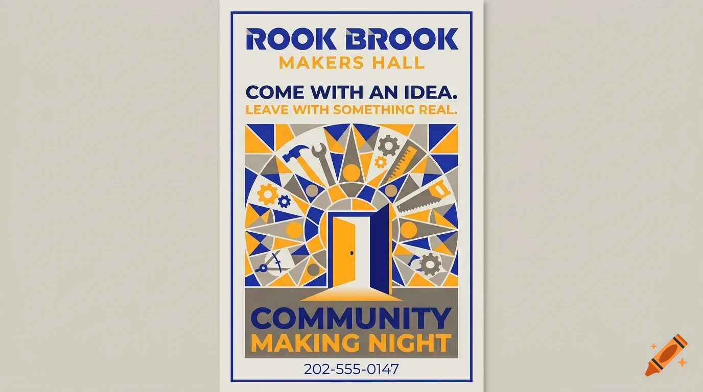 A poster for Rook Brook Makers Hall featuring a stylized open door, tools, and geometric patterns in blue, orange, and gray.