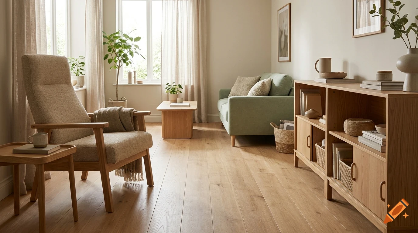 A bright living room featuring a light wood armchair, a green sofa, wooden shelving unit, and a small coffee table.