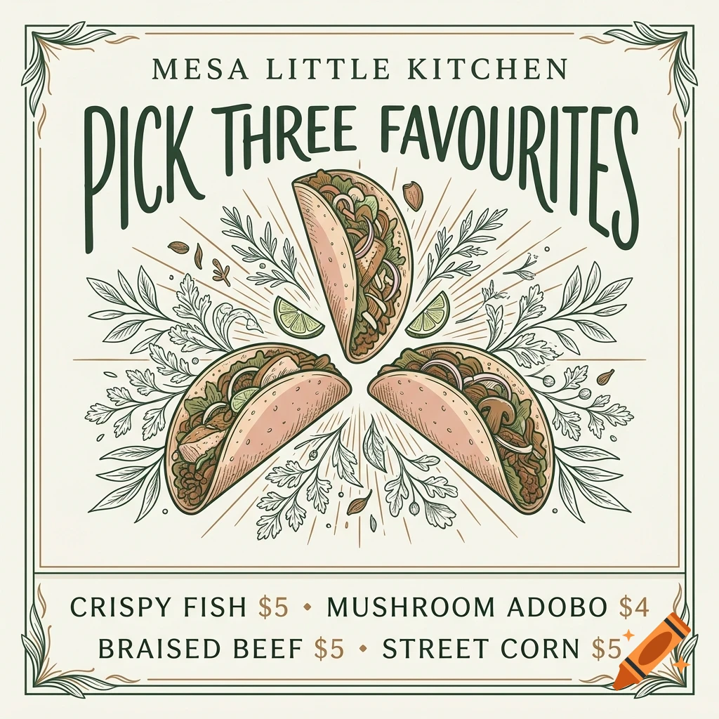 An illustrated food menu poster for Mesa Little Kitchen featuring tacos, ingredients, and pricing details in a vintage style.