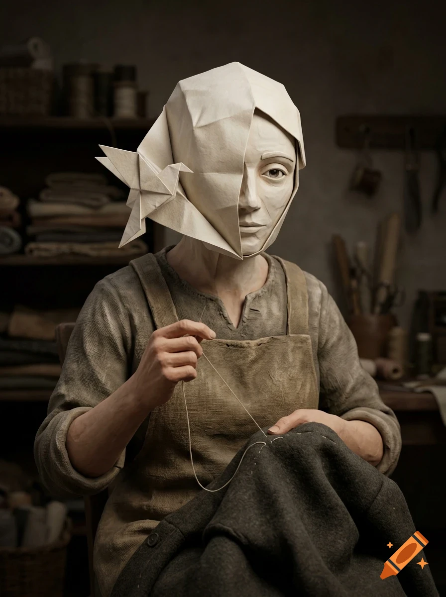 A person wearing a faceted paper mask with an origami bird attached, sitting indoors and sewing dark fabric.