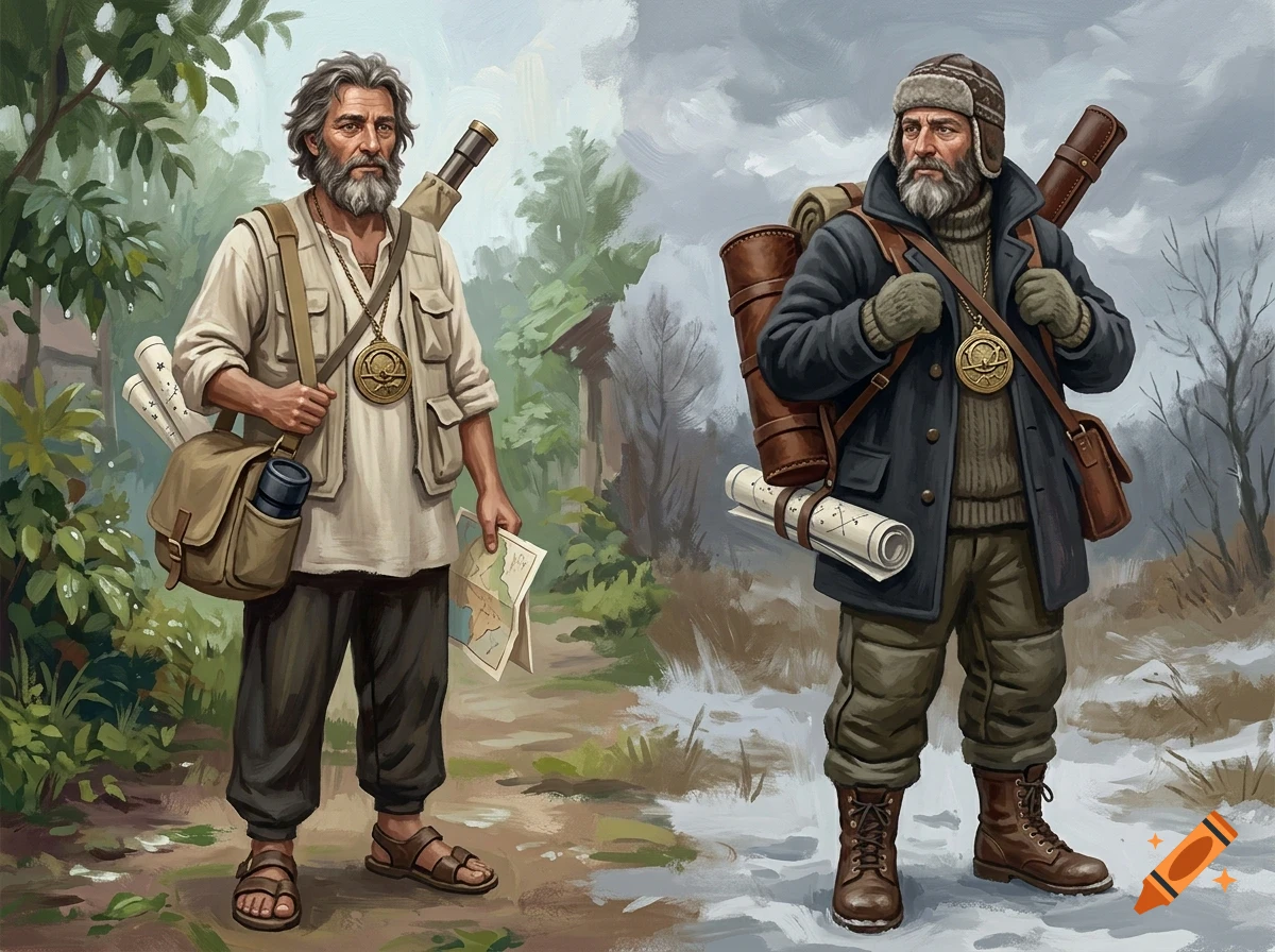 An illustration of two explorers, one in warm weather gear holding a map and another in cold winter gear with rolled maps.