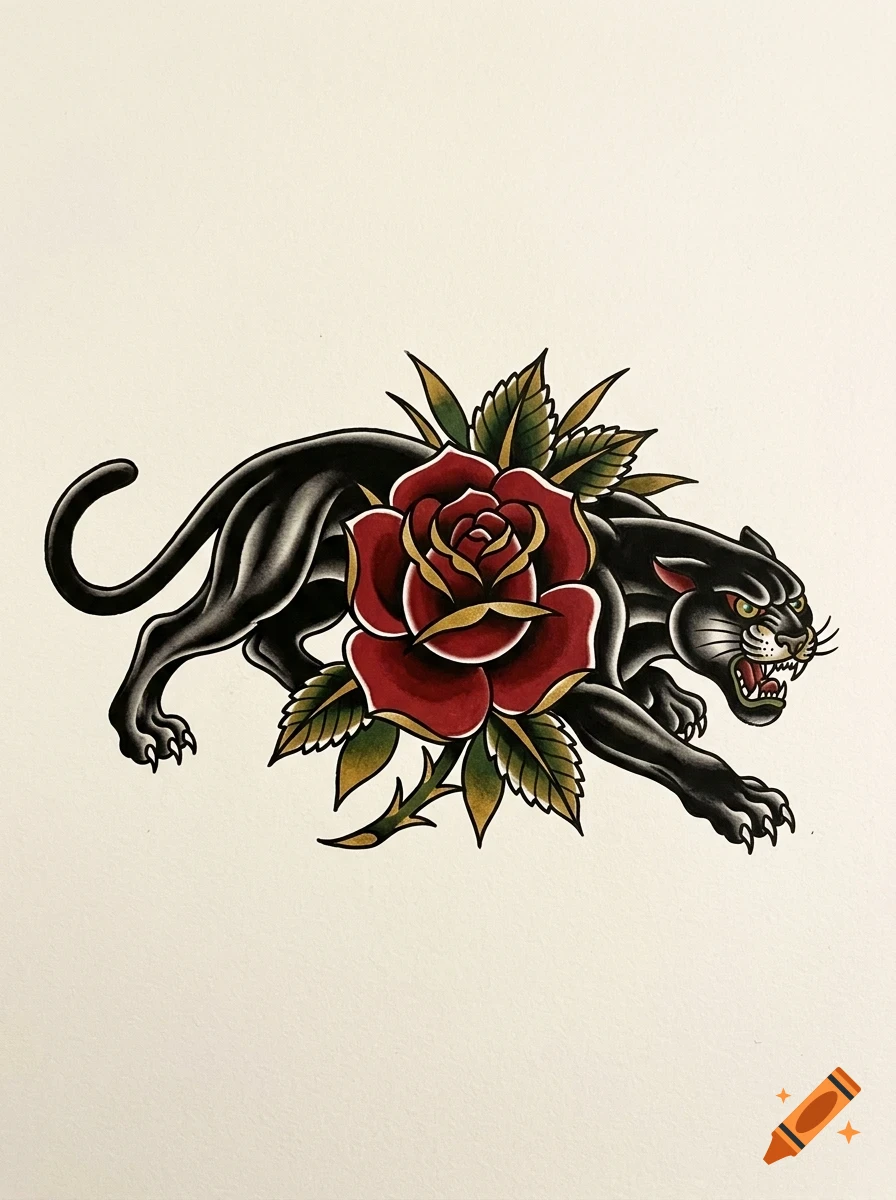 Traditional tattoo flash featuring a prowling black panther crawling over a large red rose with green leaves.