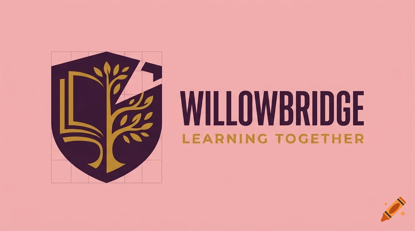 A logo design featuring a shield with an open book and tree graphic next to the text Willowbridge Learning Together.