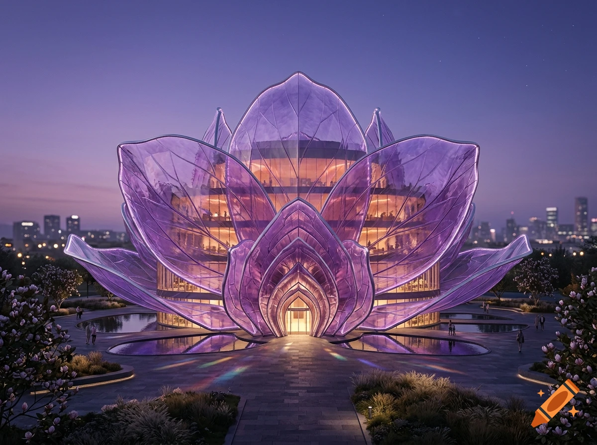 Photorealistic image of a large, purple crystalline building shaped like a blooming magnolia flower at dusk, with city skyline in the background.