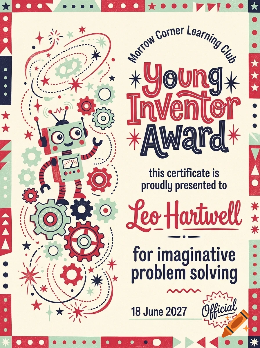 An illustrated certificate for a Young Inventor Award featuring a small green robot surrounded by gears and stars, with stylized text.