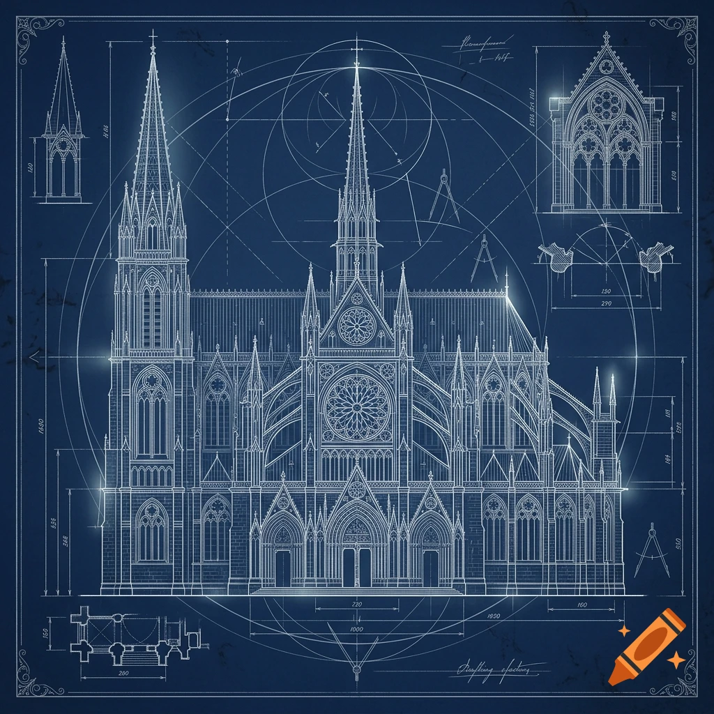 Architectural blueprint of a medieval cathedral with compass constructions and geometrical lines.