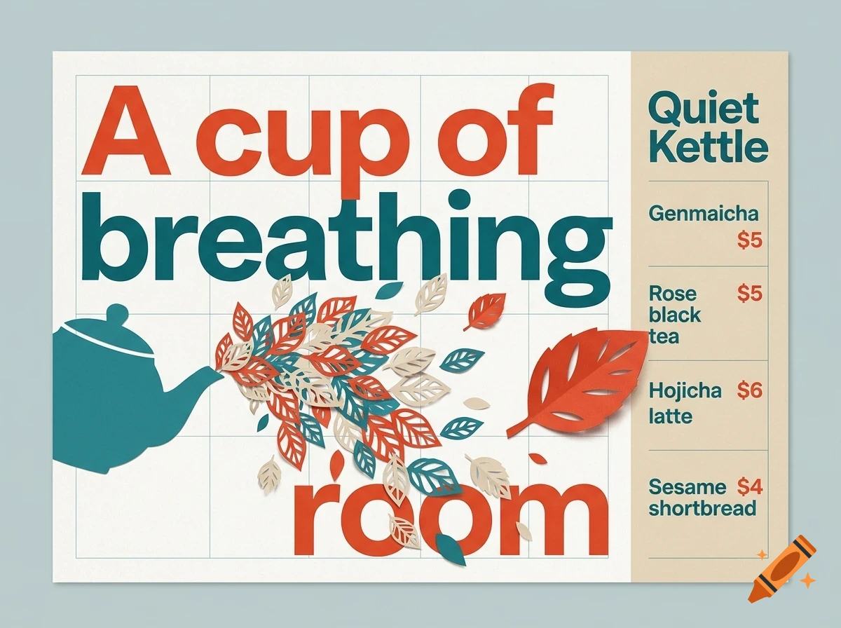 A menu poster for Quiet Kettle featuring a teapot pouring out colorful paper-cut leaves alongside text including A cup of breathing room and tea prices.
