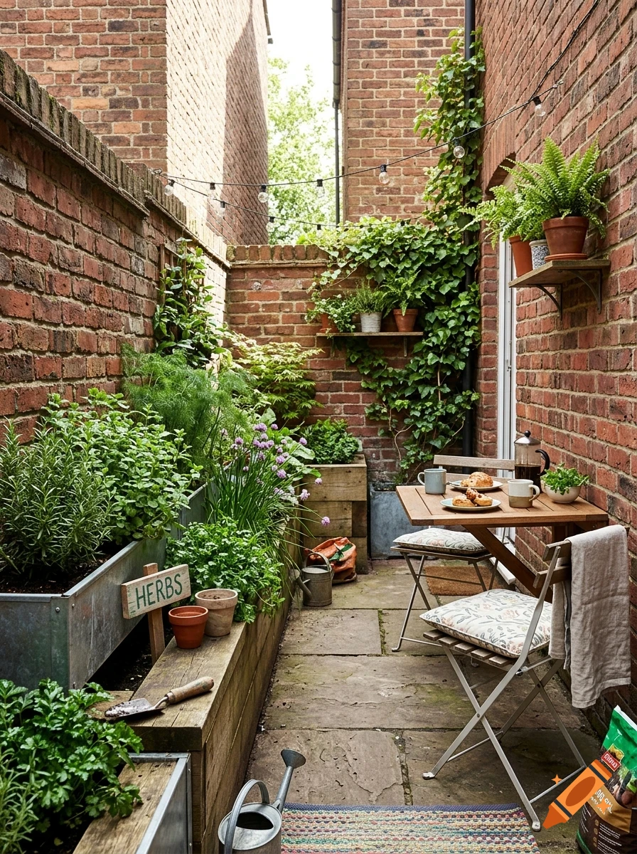 A narrow brick courtyard garden with raised planter beds, potted plants, and a small wooden dining table set for two.