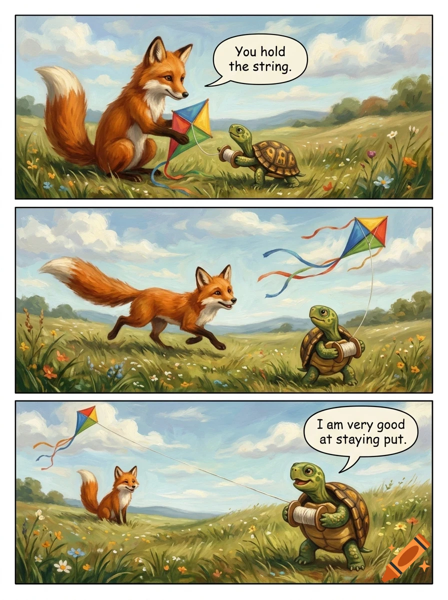 A three-panel comic illustration of a fox and a turtle flying a kite in a meadow.