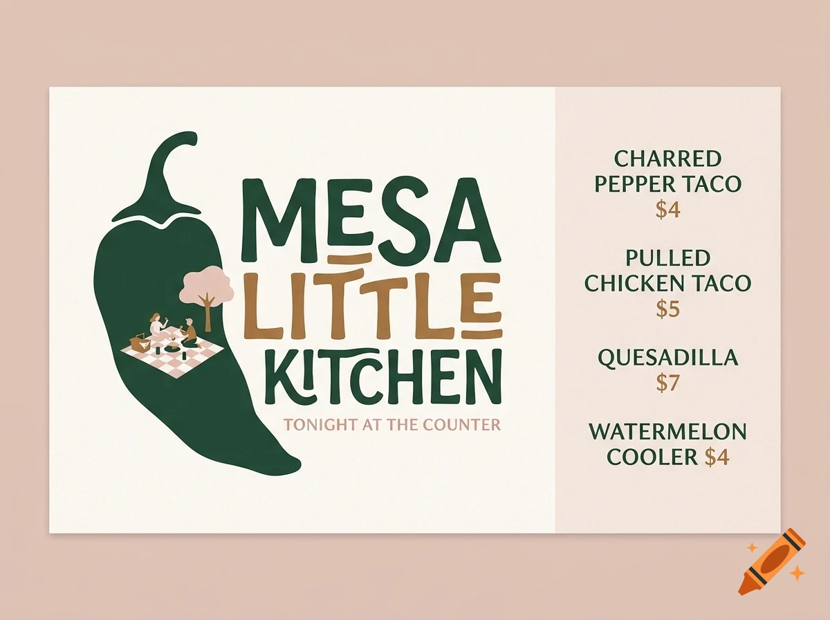 A menu design for Mesa Little Kitchen featuring a green chili pepper graphic with a tiny picnic scene inside, alongside a list of food items and prices.
