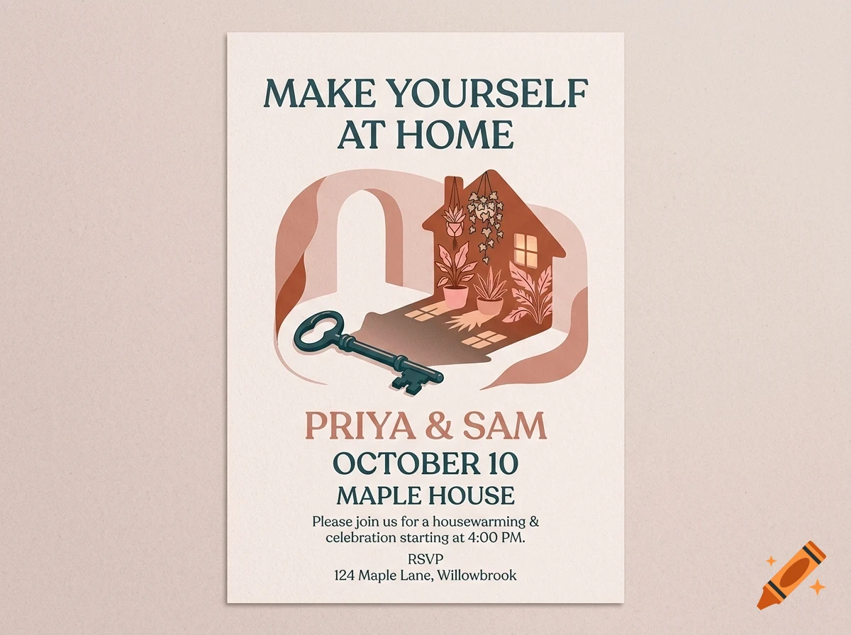 An invitation card featuring an illustration of a house with plants, a key, and text reading Make Yourself At Home, Priya & Sam, October 10, Maple House.