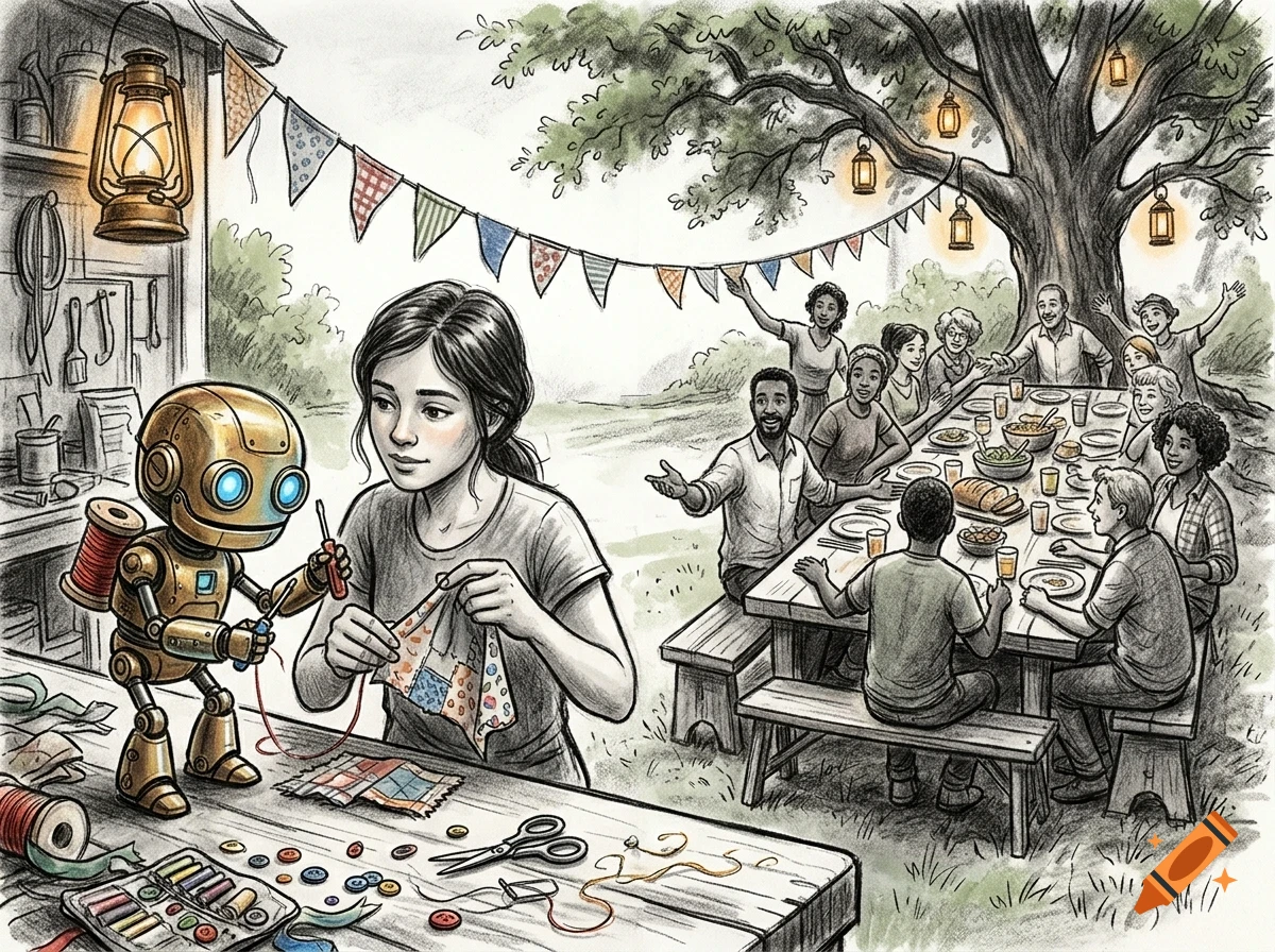 An illustrated scene of a young girl sewing with a small robot companion at a table, while a large group of people gathers for an outdoor meal under a tree.